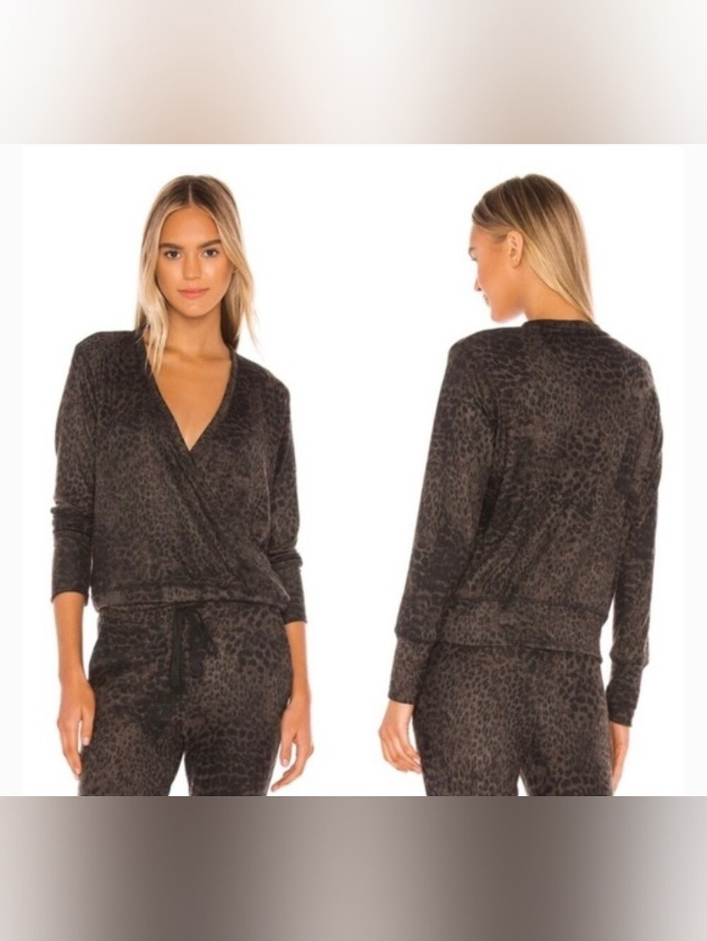 Sundry Long-Sleeve Leopard Print Wrap Sweater Black Gray Womens Size 2
